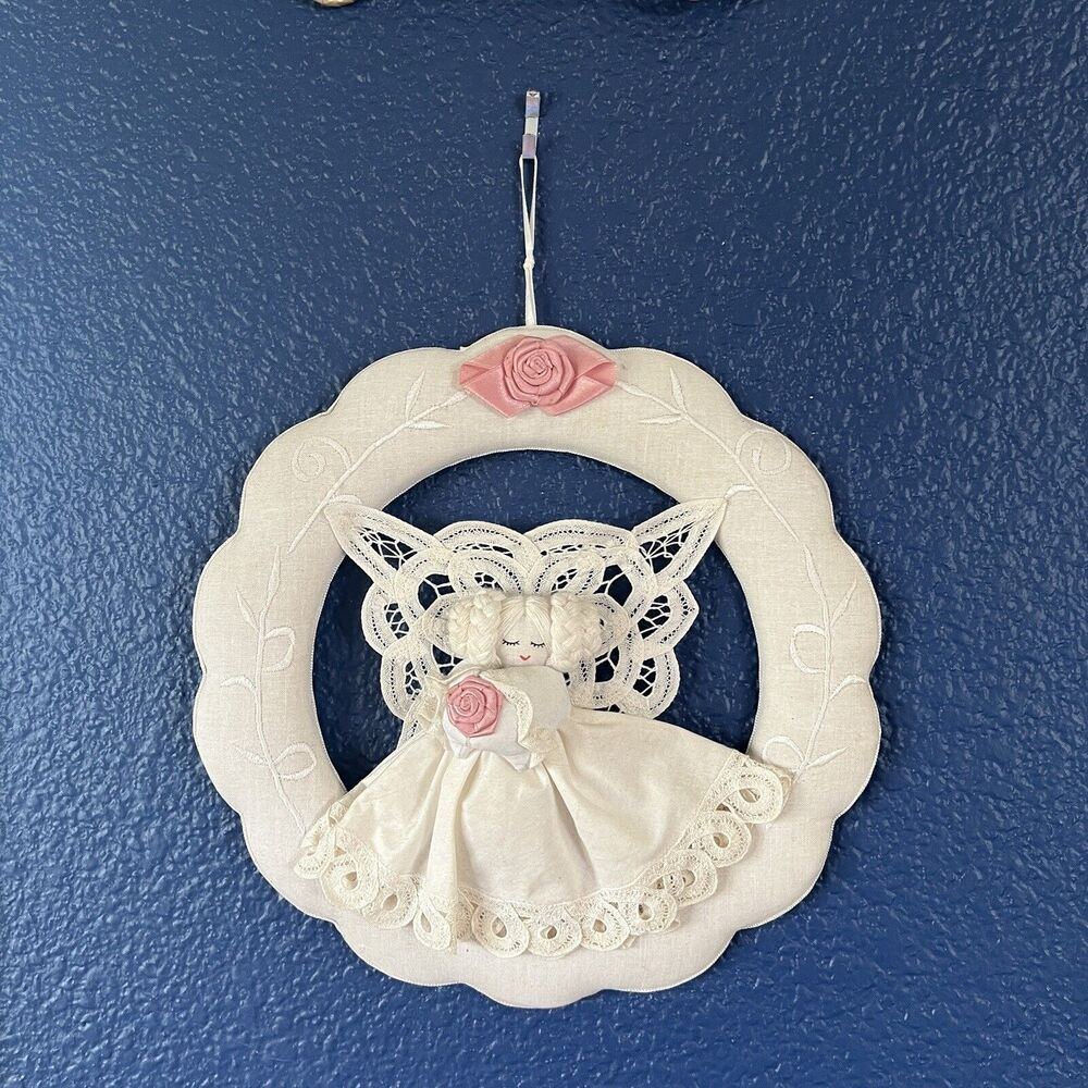 Angel Wall Hanging Retro Fabric Wreath Handmade Cream Pink 80s Classic Christmas